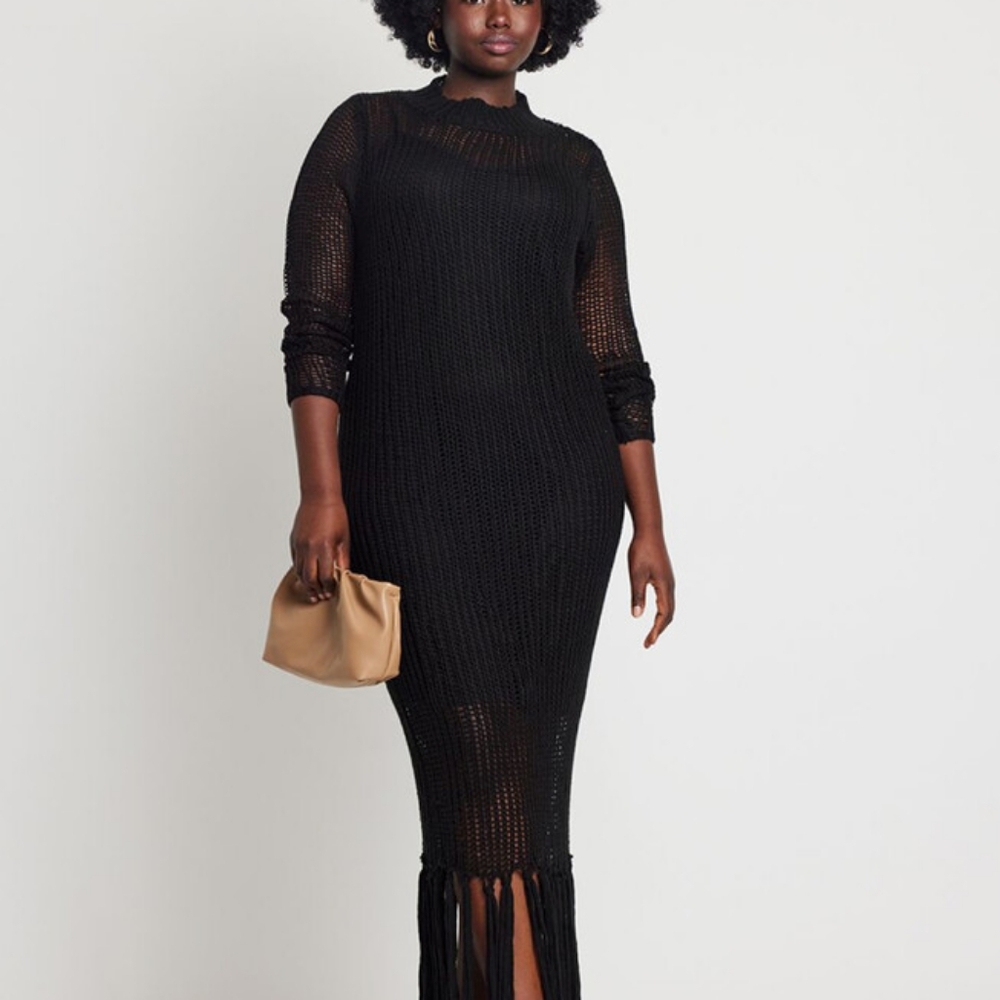 Open Stitch Dress With Fringed Hem